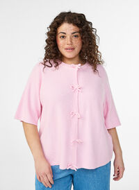 Short-sleeved knit cardigan with bows, Pink, Model
