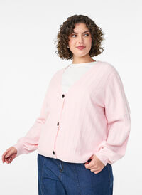 Cardigan with a ribbed texture and balloon sleeves, Pink, Model