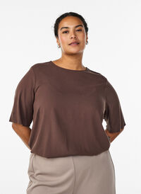 FLASH - Short-sleeved woven blouse with round neck, Brown, Model