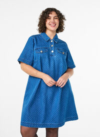 Short denim dress with dots, Blue, Model
