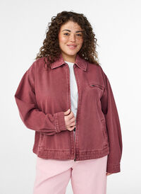 Coloured denim jacket with zip fastening, Red, Model