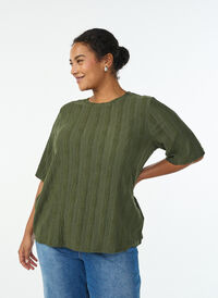 Blouse with textured pattern and short sleeves, Green, Model