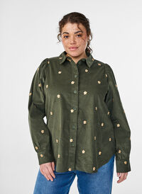Corduroy shirt with embroidered flowers, Green, Model