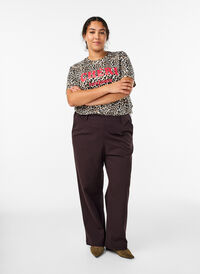 Trousers with high waist and elastic waistband at back, Brown, Model