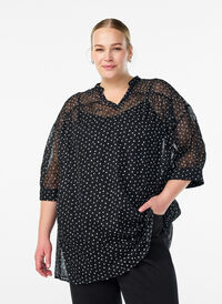 Chiffon tunic with velvet dot pattern, Black, Model
