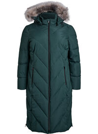Long winter coat with hook fastenings and a faux fur collar