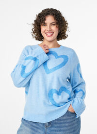 Knit blouse with large hearts and round neckline, Blue, Model
