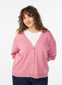 Knit cardigan with wool and bow buttons, Red, Model