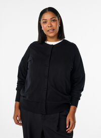Cardigan with round neck and fabric-covered buttons, Black, Model