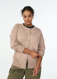 Cardigan with round neck and fabric-covered buttons, Beige, Model