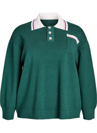 Knit blouse with polo collar and contrast stripes