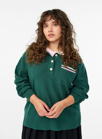 Knit blouse with polo collar and contrast stripes, Green, Model