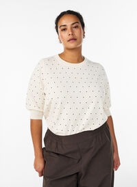 Knitted top with polka dot pattern and short sleeves, White, Model