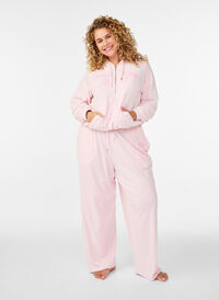 Loose velour trousers with a high waist and pockets, Rose, Model