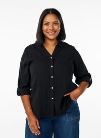 Shirt in linen and viscose with 3/4 sleeves, Black, Model
